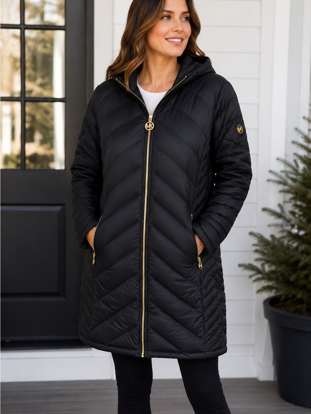 Michael Kors Black Down Quilted Hooded Puffer Coat with Gold Hardware 1X